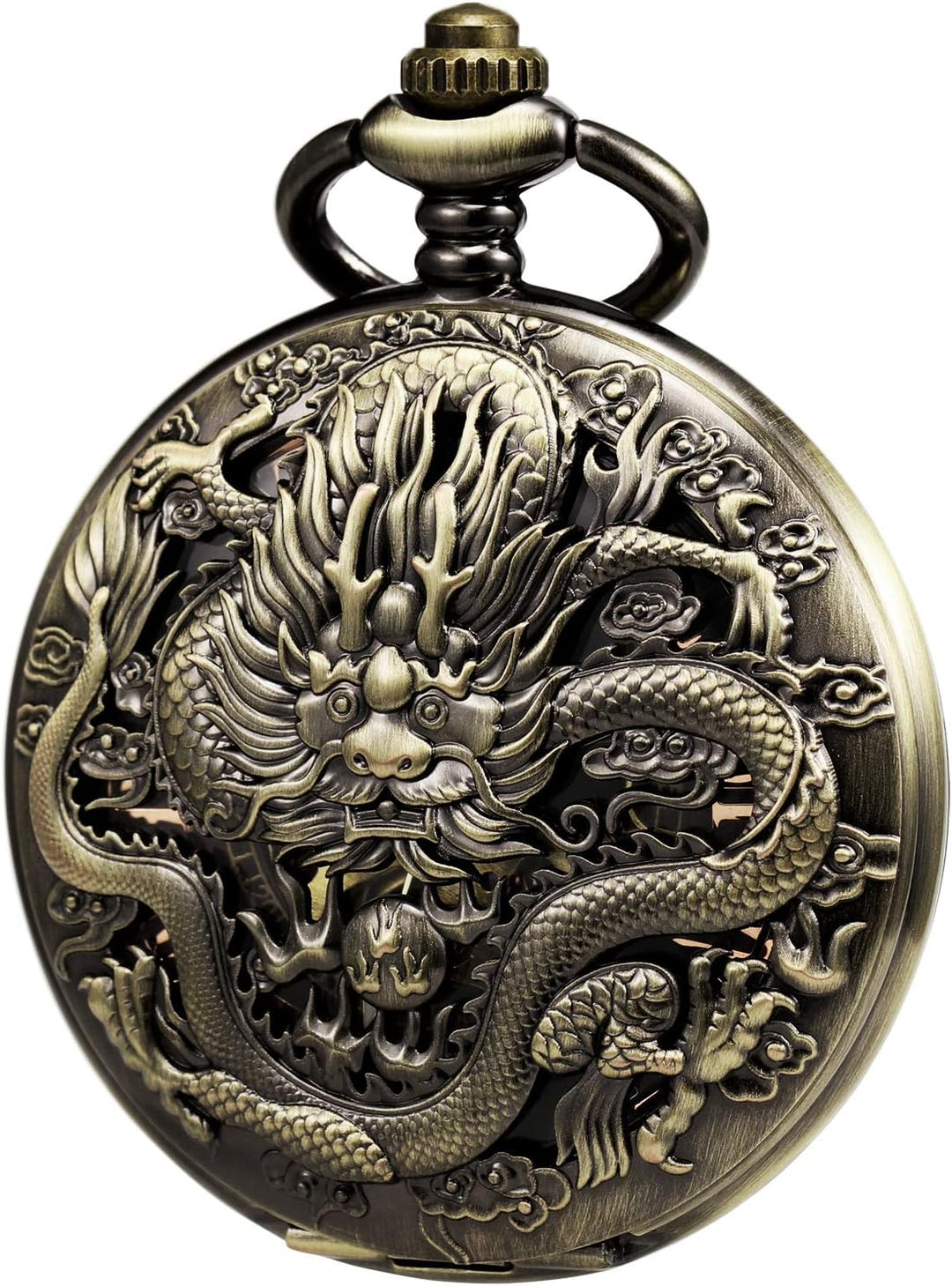 TREEWETO Taschenuhr mit Kette Herren Analog Mechanisch Handaufzug Doppelscharnier Antik Drache Römis