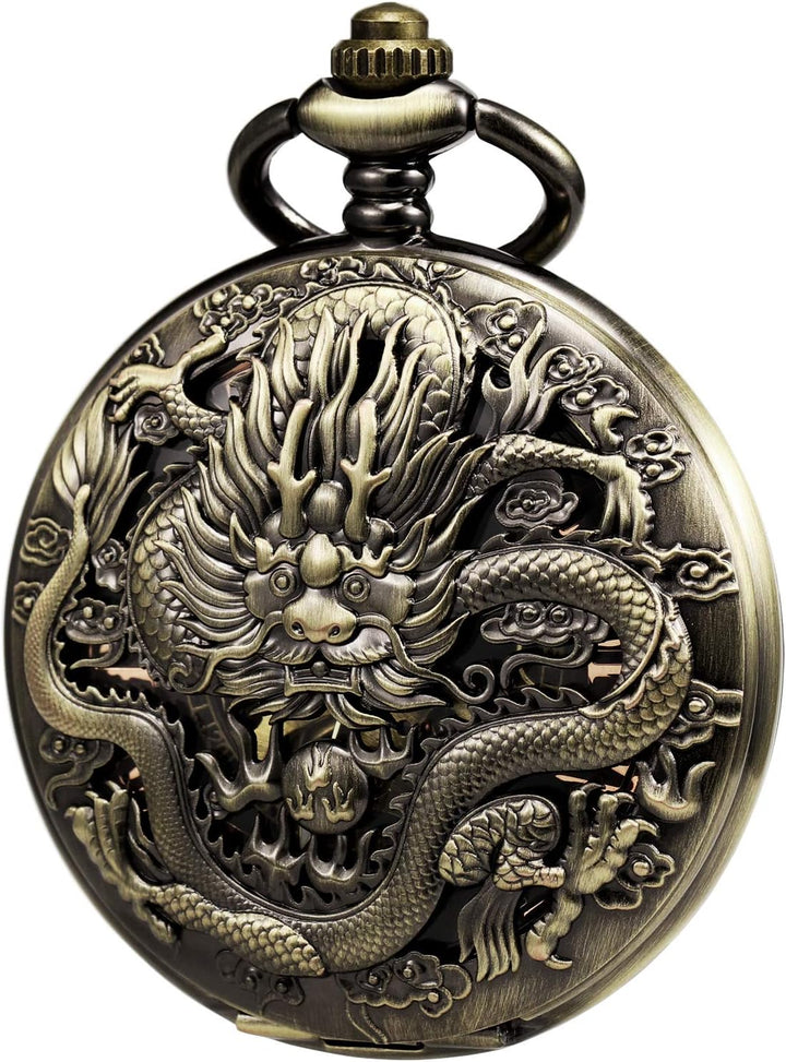 TREEWETO Taschenuhr mit Kette Herren Analog Mechanisch Handaufzug Doppelscharnier Antik Drache Römis