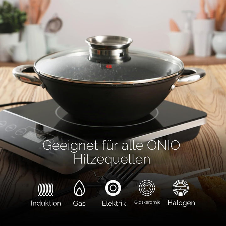 Renberg - Wasabi Wok Gusseiserne Wokpfanne 28cm| Mit Marmorbeschichtung| Mit Glasdeckel| Mit Nylonsp