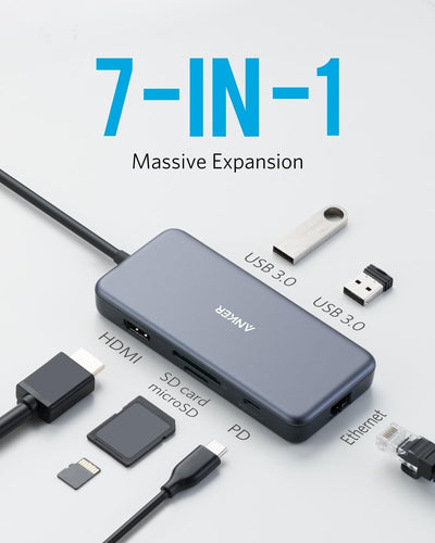 Anker USB C Hub, 7 in 1 PowerExpand+ Adapter mit 4K HDMI, 60W Power Delivery, 1GBPS Ethernet, 2 USB