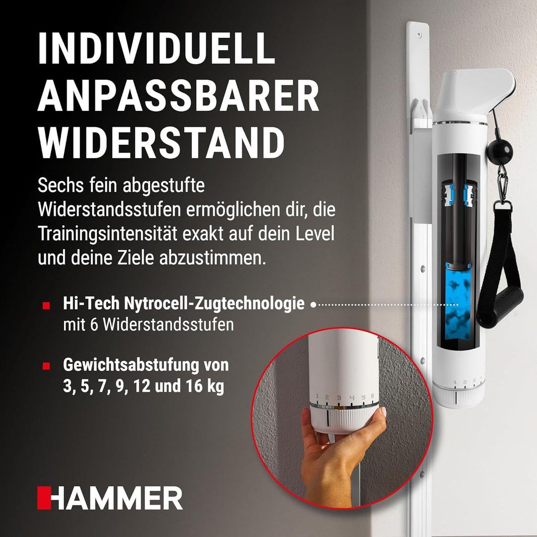 HAMMER Finnlo Kraftstation CablePull, Kabelzug-Trainer, 6 Widerstandsstufen, 146 cm Profi-Seilzuglän