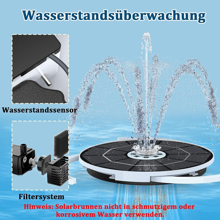 AISITIN 5,5W LED Solar Springbrunnen nur Nachts, mit 3000mAh Akku,Solar Schwimmender Fontäne Pumpe m