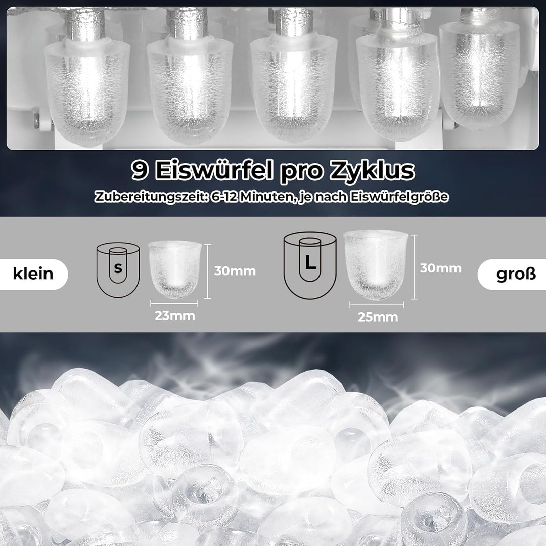 Eiswürfelmaschine Klein, 12,0 kg24H, 9 Eiswürfel in 6 Minuten, 2 Grössen von Bullet Ice, Selbstreini