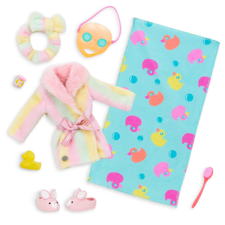 Glitter Girls - 36 cm Puppenkleidung - Badeoutfit mit Hausschuhen - Regenbogen Bademantel, Handtuch