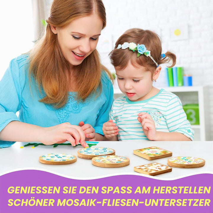 8 Stück Mosaik Untersetzer Bastelsets Set, DIY Holz Untersetzer für Kinder | DIY-Set mit farbigen Mo