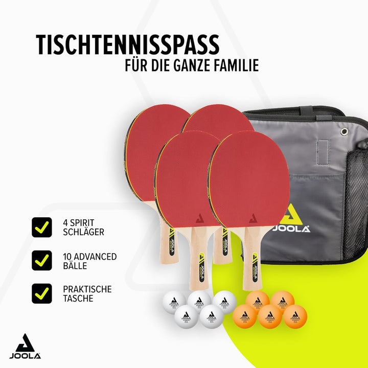 JOOLA Tischtennis-Set Family, Tischtennis-Set mit 4 Tischtennisschlägern, Tischtennisbällen und Trag
