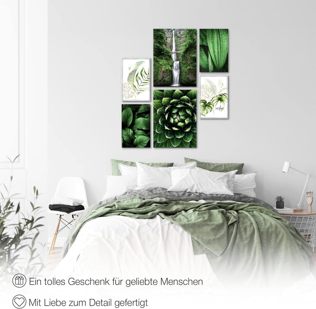 Novart Bilder Set - AUFHÄNGFERTIG - KEIN EXTRA RAHMEN BENÖTIGT - Grüne Blätter Wasserfall Modern Pfl