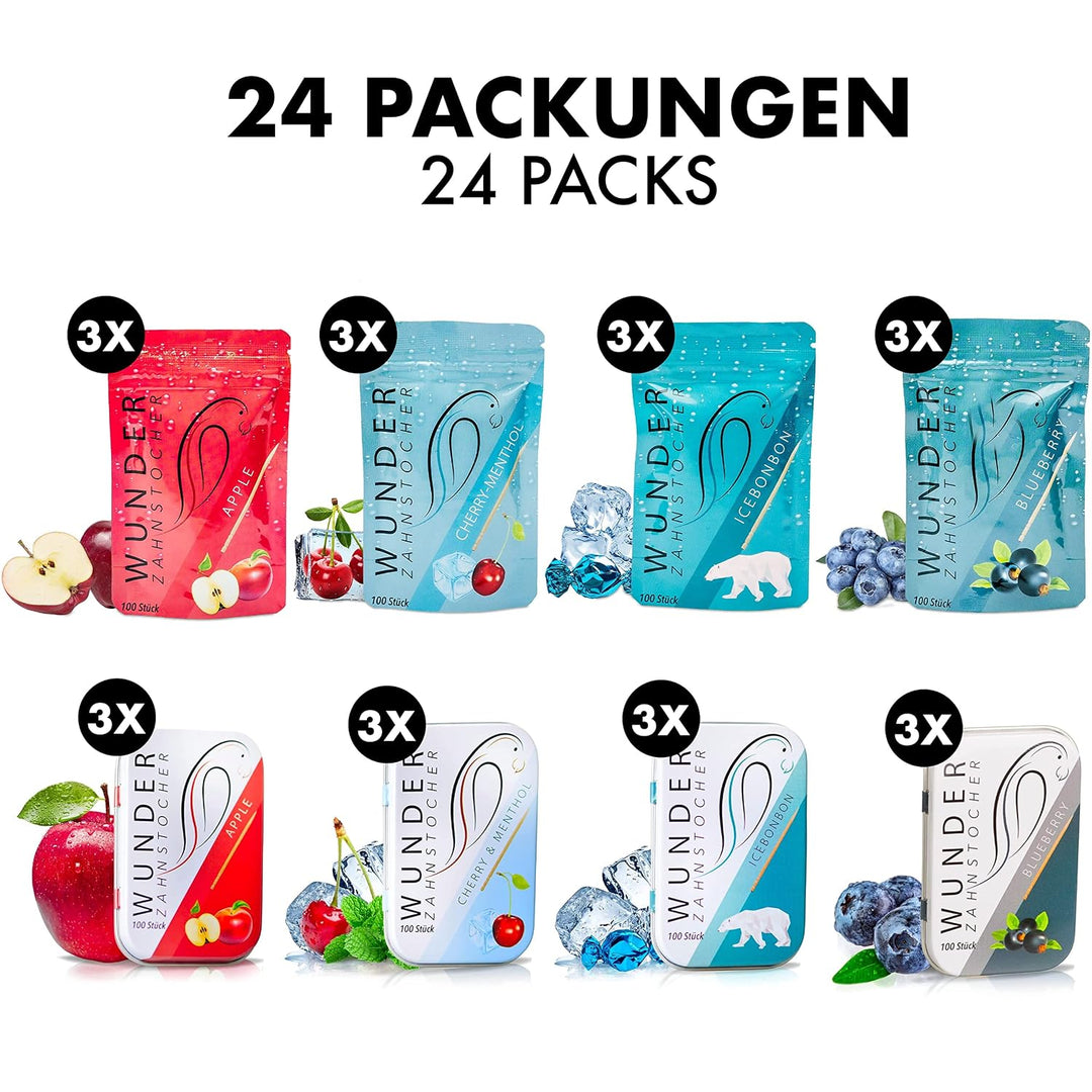 DISPLAY - 24 ERFRISCHENDE PACKUNGEN 'STARTERDISPLAY' - ZAHNSTOCHER MIT GESCHMACK - TASTY TOOTHPICKS