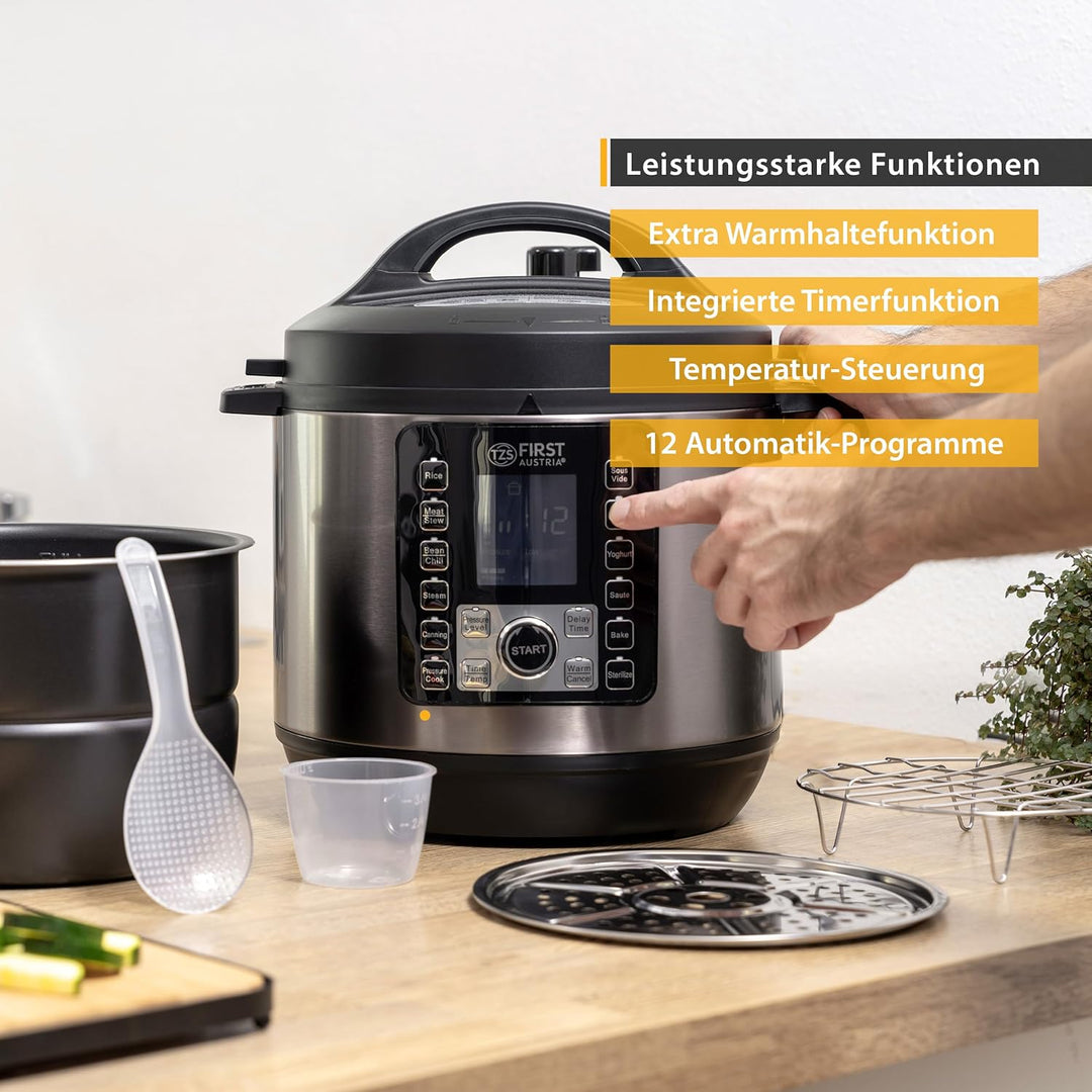 TZS First Austria Druckkochtopf elektrisch 6L | Multikocher | 12 Programme Schnellkochtopf | Reiskoc