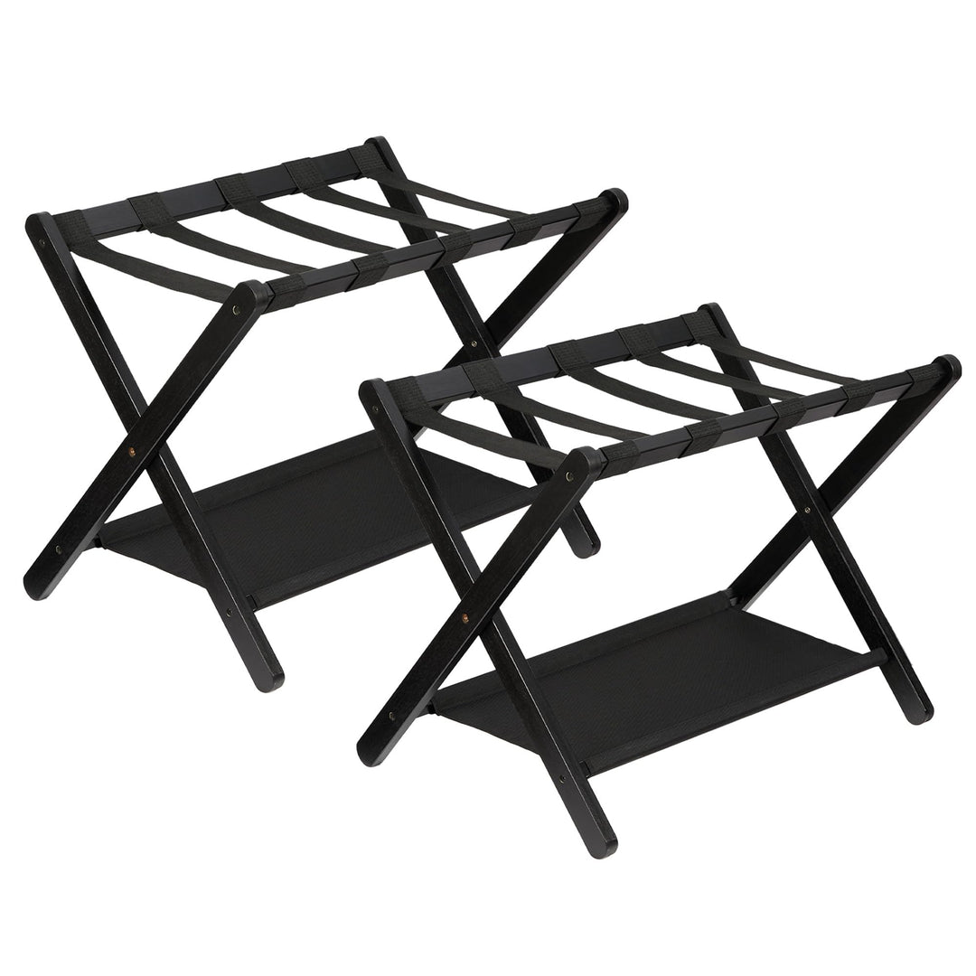 2er-Set Klappbarer Bambus Kofferständer Schwarz mit Canvas-Ablage, Platzsparender Gepäckhalter 67x47