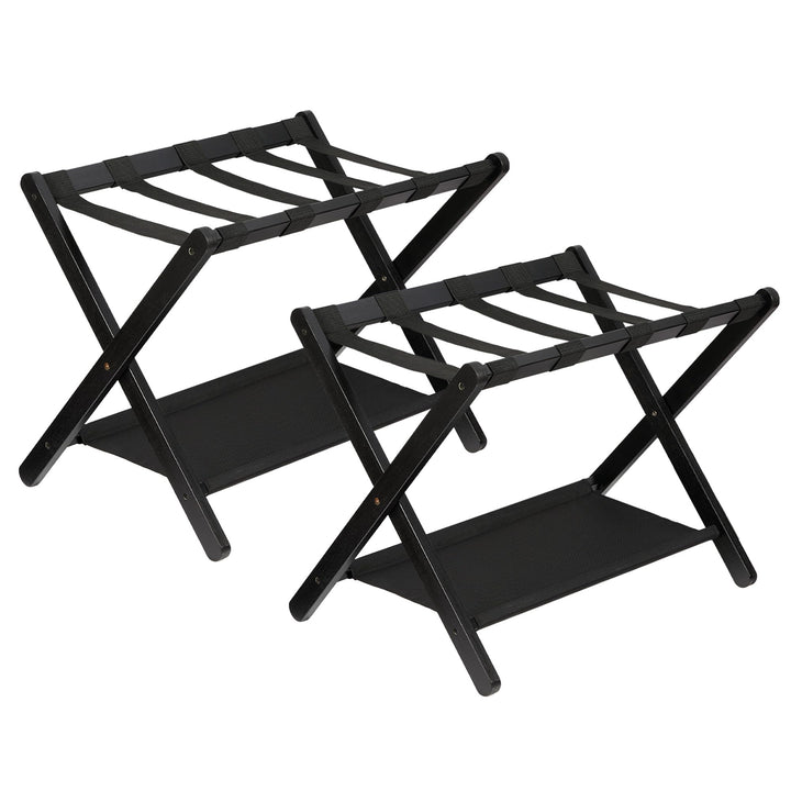2er-Set Klappbarer Bambus Kofferständer Schwarz mit Canvas-Ablage, Platzsparender Gepäckhalter 67x47