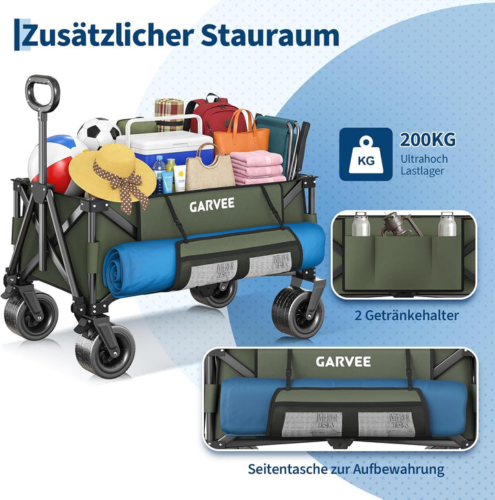 GarveeLife XXL Bollerwagen Faltbar, 200kg Belastbar &amp; 200L Volumen, Handwagen mit Bremsen &amp; 20cm Off