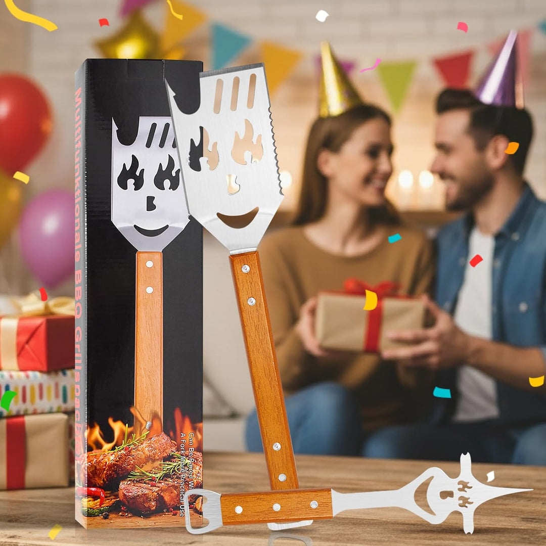 Cyiecw 2 Stück Grillbesteck Set, 7 in 1 Grillspachtel Edelstahl mit Holzgriff, Multifunktionales Gri