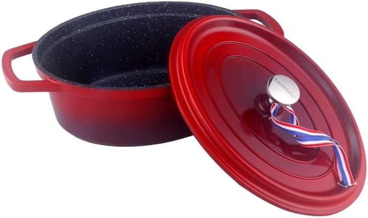 Kamberg – 0008191 – Schmortopf 30 cm Durchmesser, oval, rot geflammt – Aluminiumguss – Beschichtung