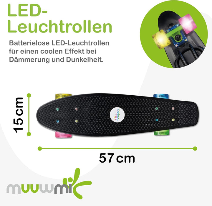 muuwmi Lights Skateboard Fun Glow – LED-Leuchtrollen (batterielos), Deck 57x15cm, rutschfest, ABEC5,