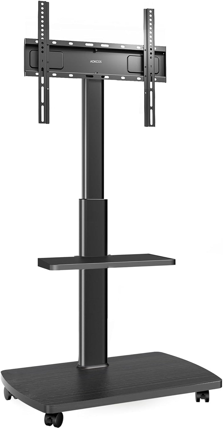 AOKCOS TV Ständer Rollbar mit Holzablage Regal, Fernsehständer auf Rollen für 32-65 Zoll Fernseher,