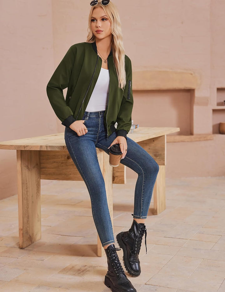 Zeagoo Bomberjacke Damen Kurz Blouson Jacket leichte Fliegerjacke Langarm Casual Frühling Pilotenjac