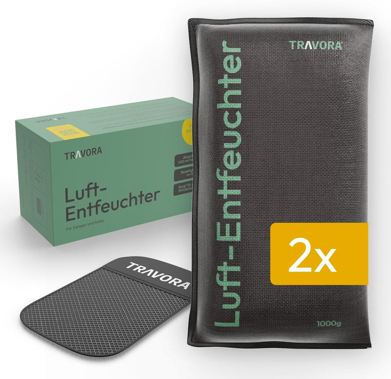 TRAVORA Luftentfeuchter Kissen 2x 1 kg mit Anti-Rutsch Pad - Entfeuchter - wiederverwendbar - Auto I