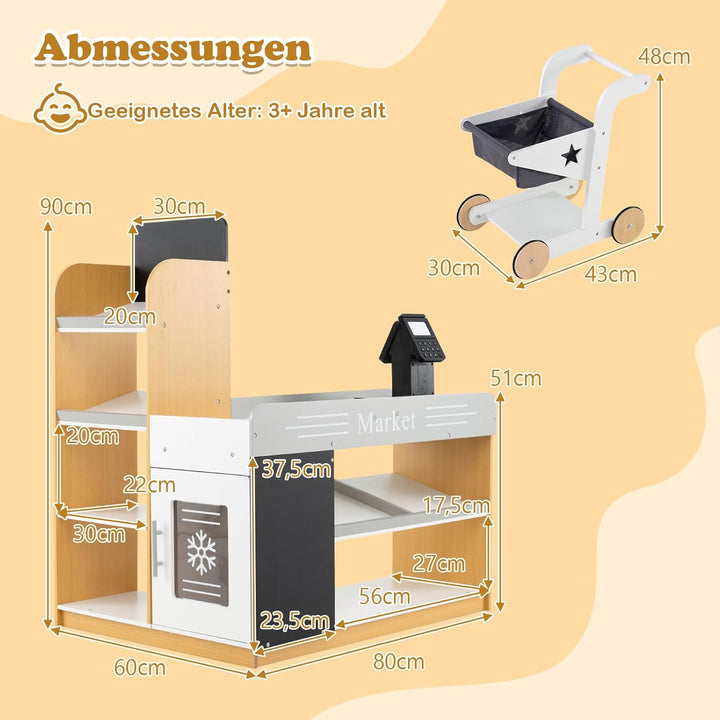 COSTWAY Kaufmannsladen, Kaufladen Kinder mit Einkaufswagen, Supermarkt Holz mit Kasse & 2 Tafeln, Ei