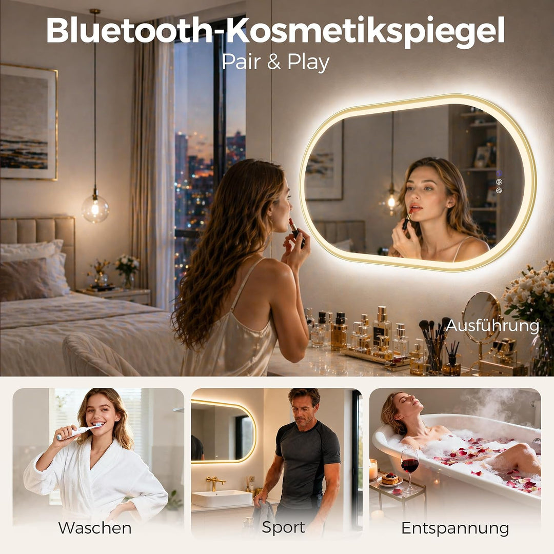 STARLEAD Gold Oval-LED-Badspiegel-mit-Beleuchtung 80x50cm, Bluetooth, Dimmbar, 3 Lichtfarben, Entfog