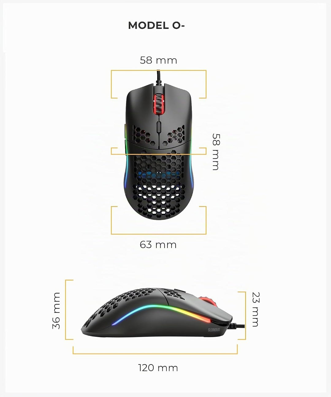 Glorious Gaming Mouse - Model O Minus 58 g Superlight Honeycomb Mouse, Glossy Black Mouse, USB Gamin