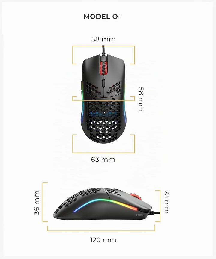 Glorious Gaming Mouse - Model O Minus 58 g Superlight Honeycomb Mouse, Glossy Black Mouse, USB Gamin