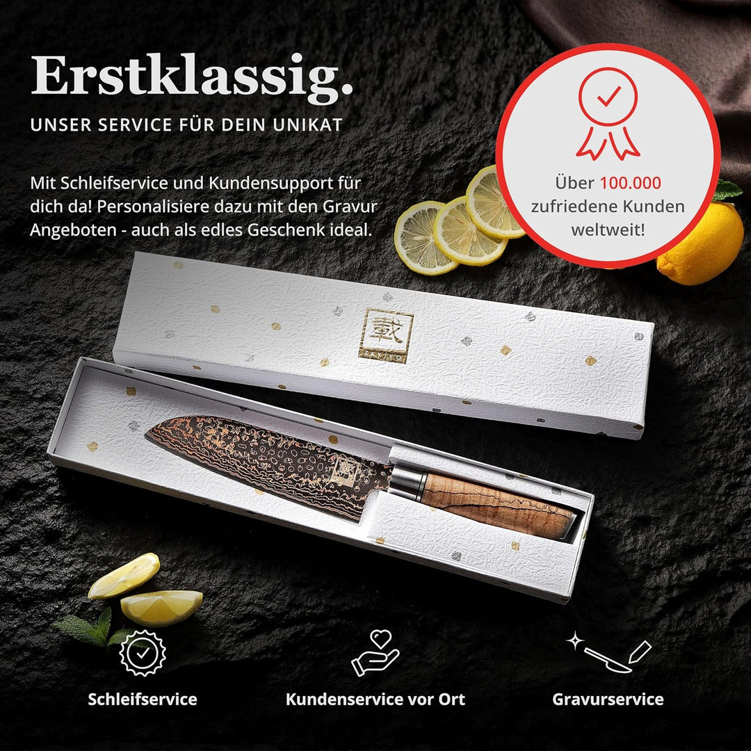 zayiko BlackMagma Damastmesser Santoku I 16,5 cm Klinge aus Damaststahl mit Kupfer & Bronze sowie Ah
