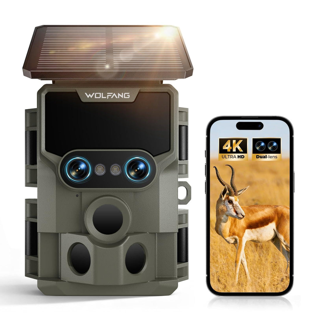 WOLFANG Wildkamera, 64 MP WLAN mit Handyübertragung-App, 4K Doppellinse Video Wildtierkamera mit Bew