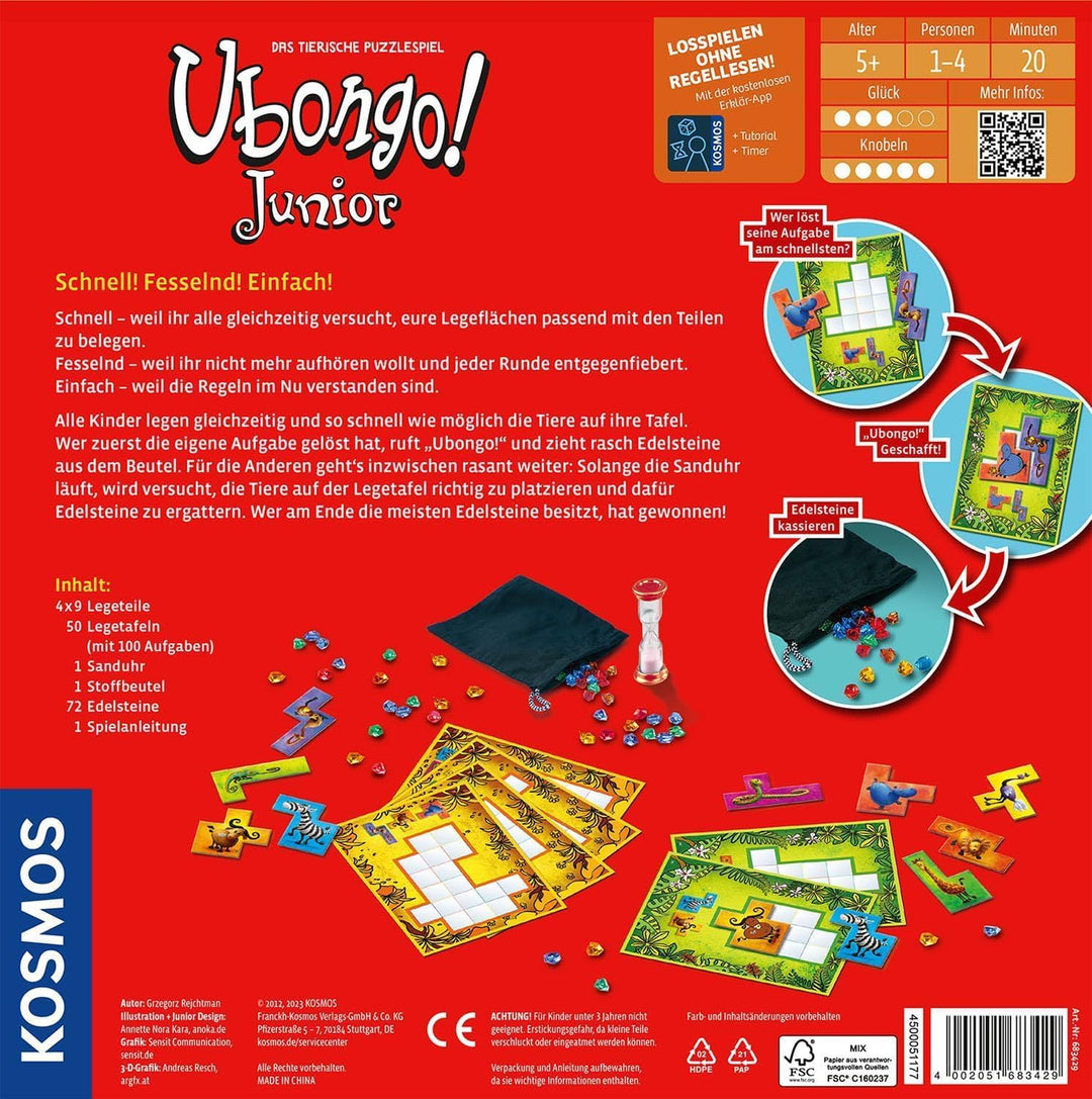 Kosmos 683429 Ubongo! Junior, rasantes Kinderspiel ab 5 Jahren, Knobelspass und Legespiel, für 1-4 P
