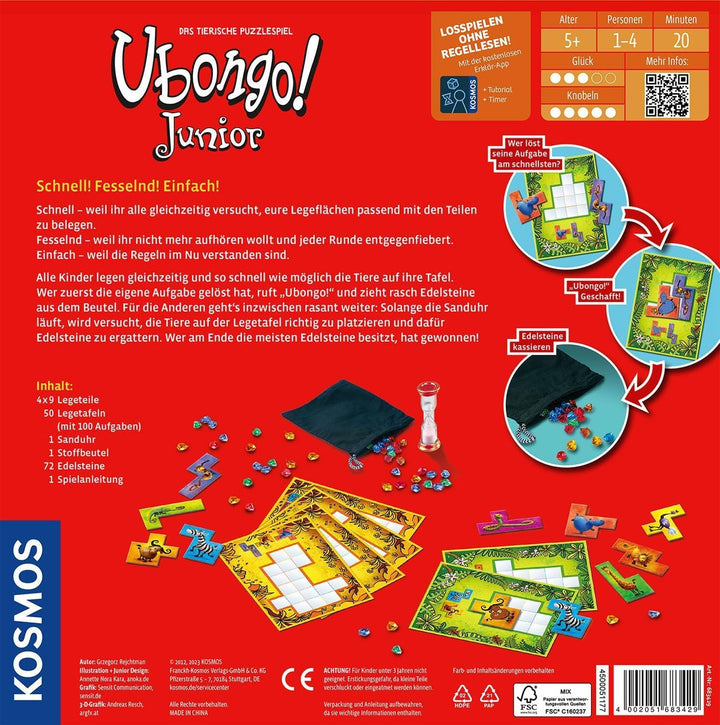 Kosmos 683429 Ubongo! Junior, rasantes Kinderspiel ab 5 Jahren, Knobelspass und Legespiel, für 1-4 P