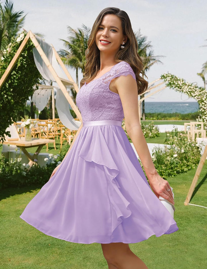 Wedtrend Cocktailkleid Damen Knielang Abendkleid Elegant für Hochzeit Elegant A Linie Rüschenkleid L