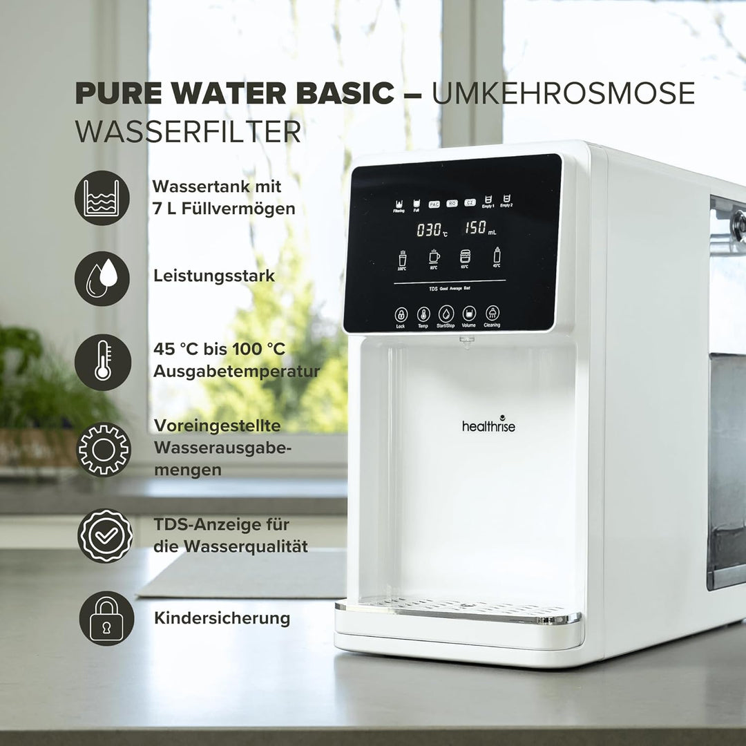 Health Rise Pure Water Basic | Umkehrosmose Wasserfilter | 7 Liter Tank | Heisswasserfunktion | für
