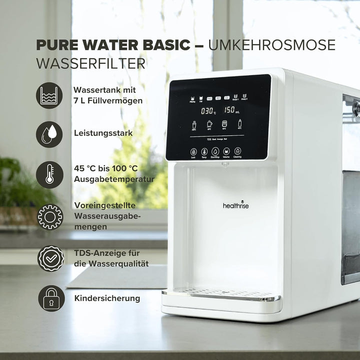 Health Rise Pure Water Basic | Umkehrosmose Wasserfilter | 7 Liter Tank | Heisswasserfunktion | für