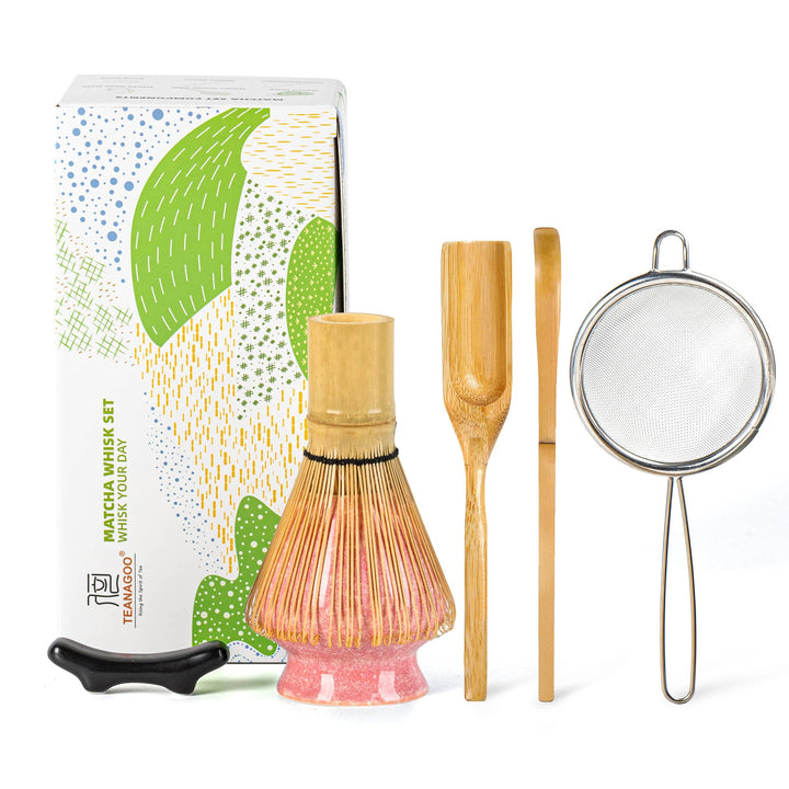 TEANAGOO Matcha Schneebesen Set,Matcha Schneebesen (100 Zinken) mit rosa Halter,6-PCS Traditionelles