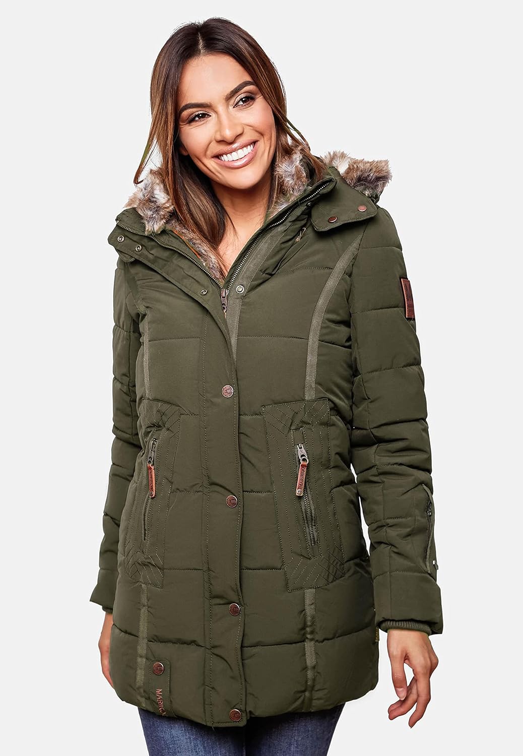 MARIKOO Damen Warmer Winter Steppmantel mit Kapuze Lieblings Jacke XS-XXL XS Olive, XS Olive