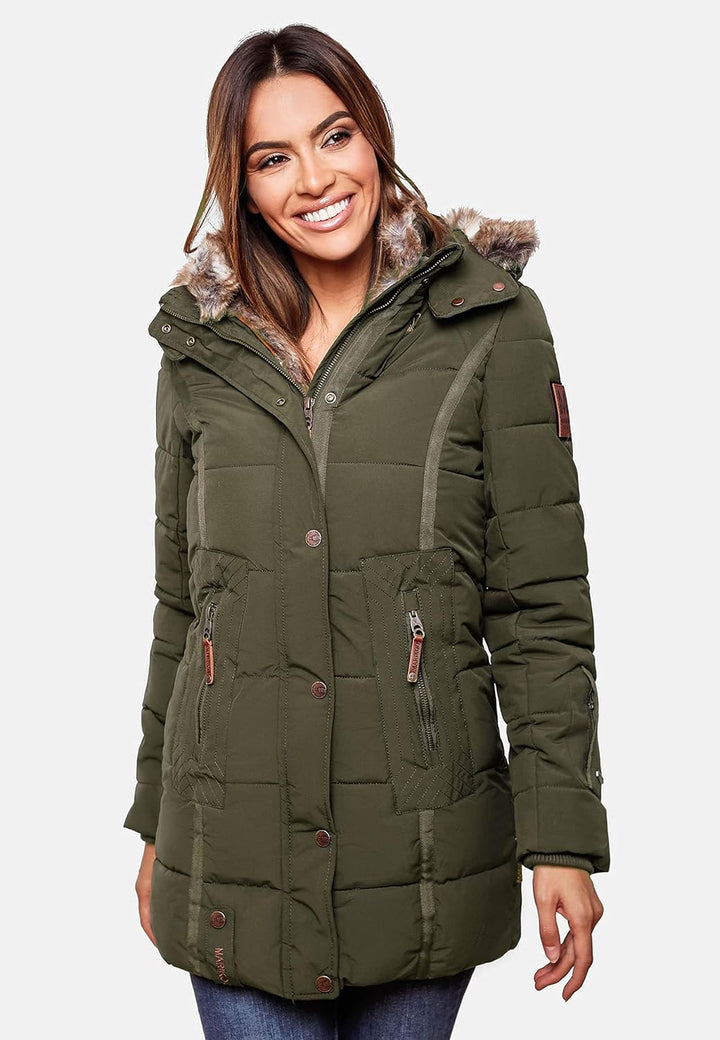MARIKOO Damen Warmer Winter Steppmantel mit Kapuze Lieblings Jacke XS-XXL XS Olive, XS Olive