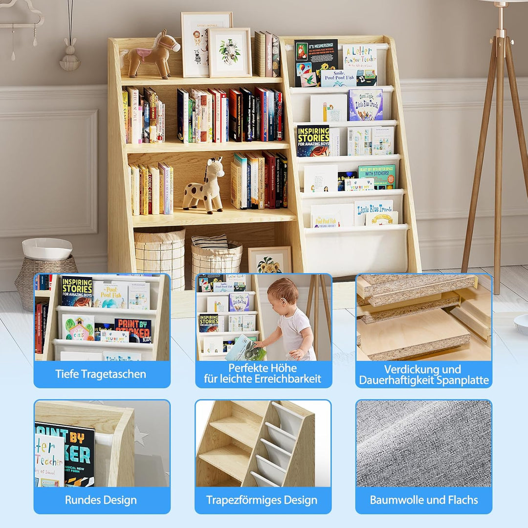 Kinderregal Bücherregal für Kinder 90x40x80cm, mit 5 Ablage und 4 offenen Fächern, Holz, Spielzeugre