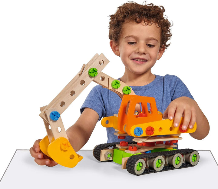 Eichhorn Constructor Raupenbagger, vielseitiges Holzspielzeug, 170 Bauteile, 4 Verschiedene Konstruk