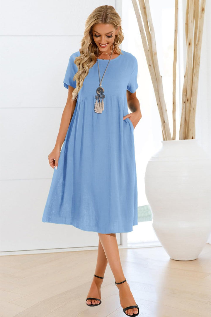 Sommerkleid Damen Leinen Kleider Casual V-Ausschnitt Midikleid Kurzarm A-Linie Kleid Strandkleid Ohn