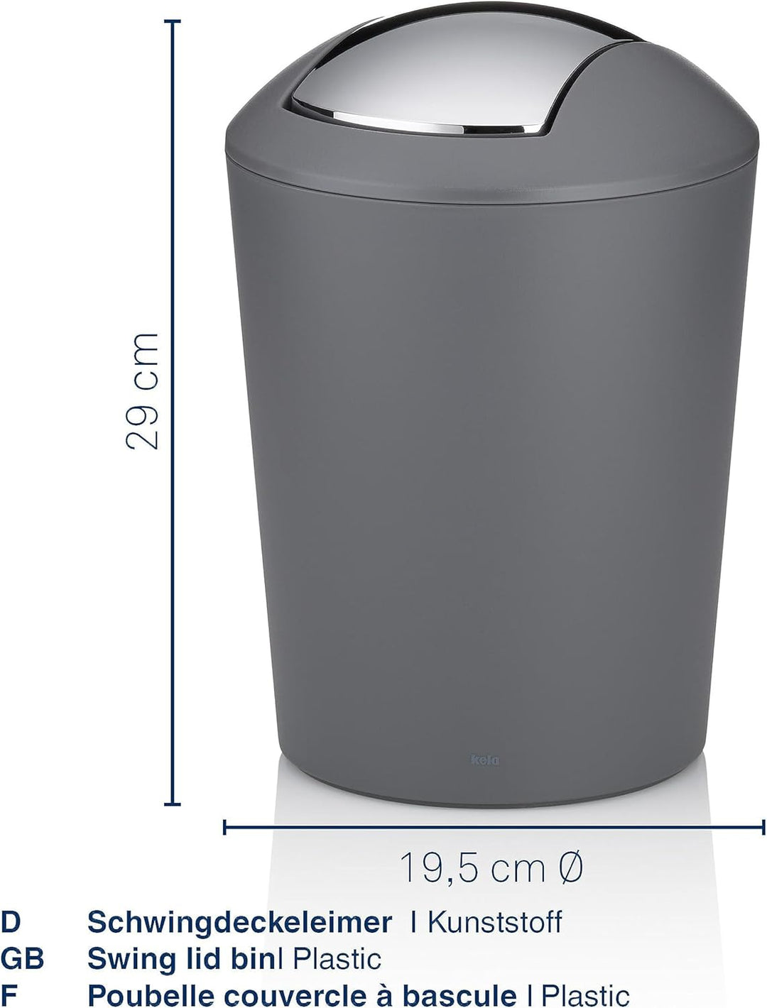 kela Schwingdeckeleimer grau, Kosmetikeimer 5l mit Schwingdeckel, Kunststoff, MARTA, Mülleimer Badez