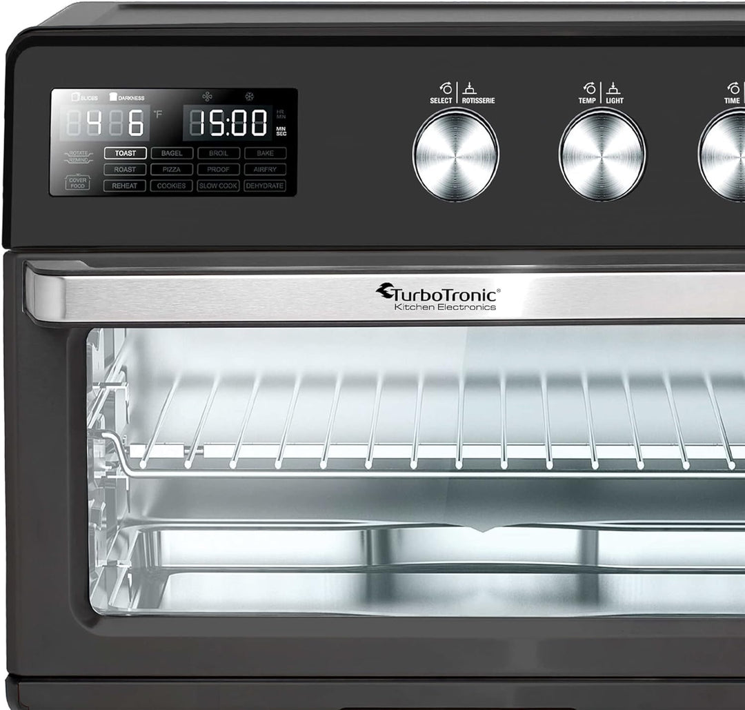 TurboTronic digitaler Heissluftofen - XXL 32 Liter mit Drehspiess für Hähnchen 5 in1 Mini Backofen,