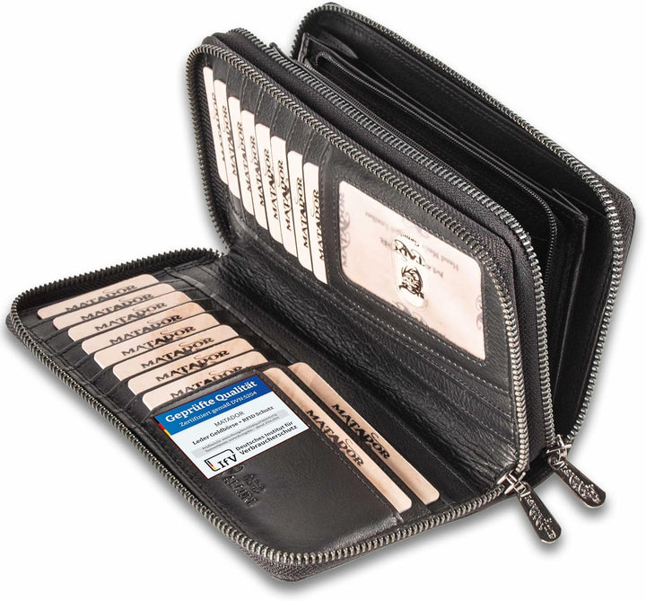MATADOR Damen/Frauen Geldbörse TÜV Geprüfter RFID & NFC Schutz Portemonnaie Rinds Leder Geldtasche m