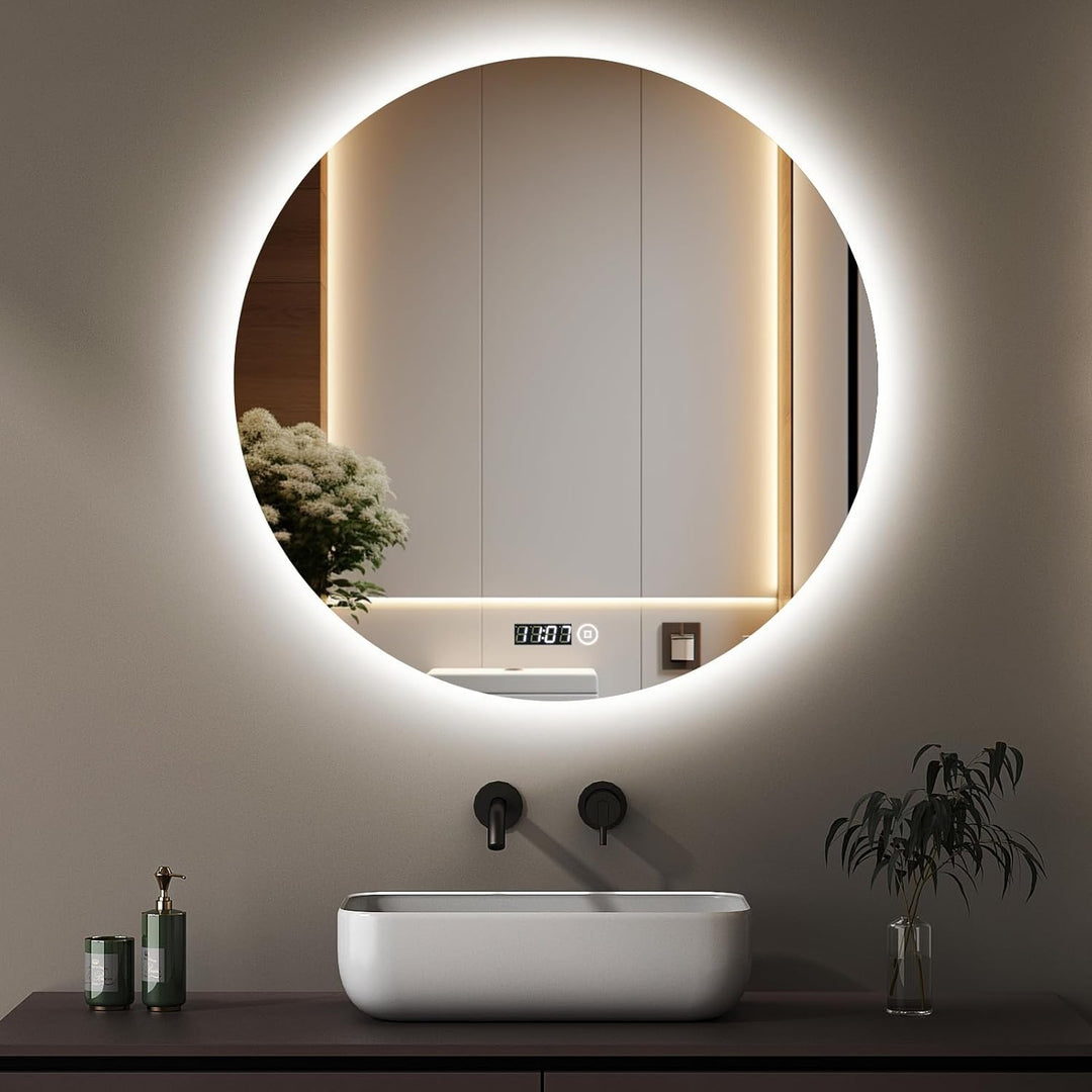 Boromal LED Badspiegel Rund mit Beleuchtung und Uhr Badspiegel 70x70cm Runder Spiegel 3000K-6500K 20