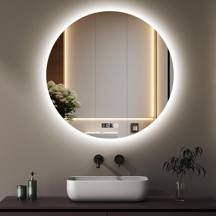 Boromal LED Badspiegel Rund mit Beleuchtung und Uhr Badspiegel 70x70cm Runder Spiegel 3000K-6500K 20