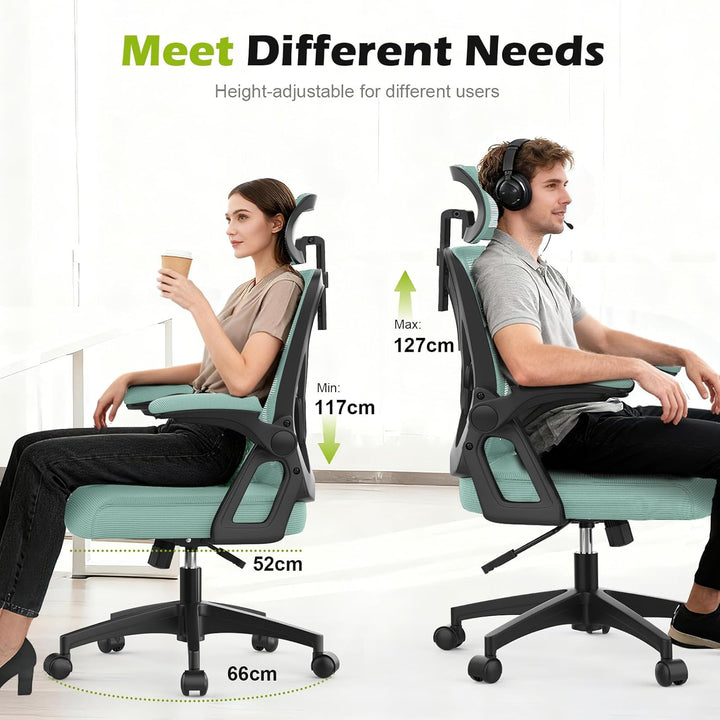 Bürostuhl, ergonomischer Schreibtischstuhl mit gepolsterter Lendenwirbelstütze und hochklappbaren Ar