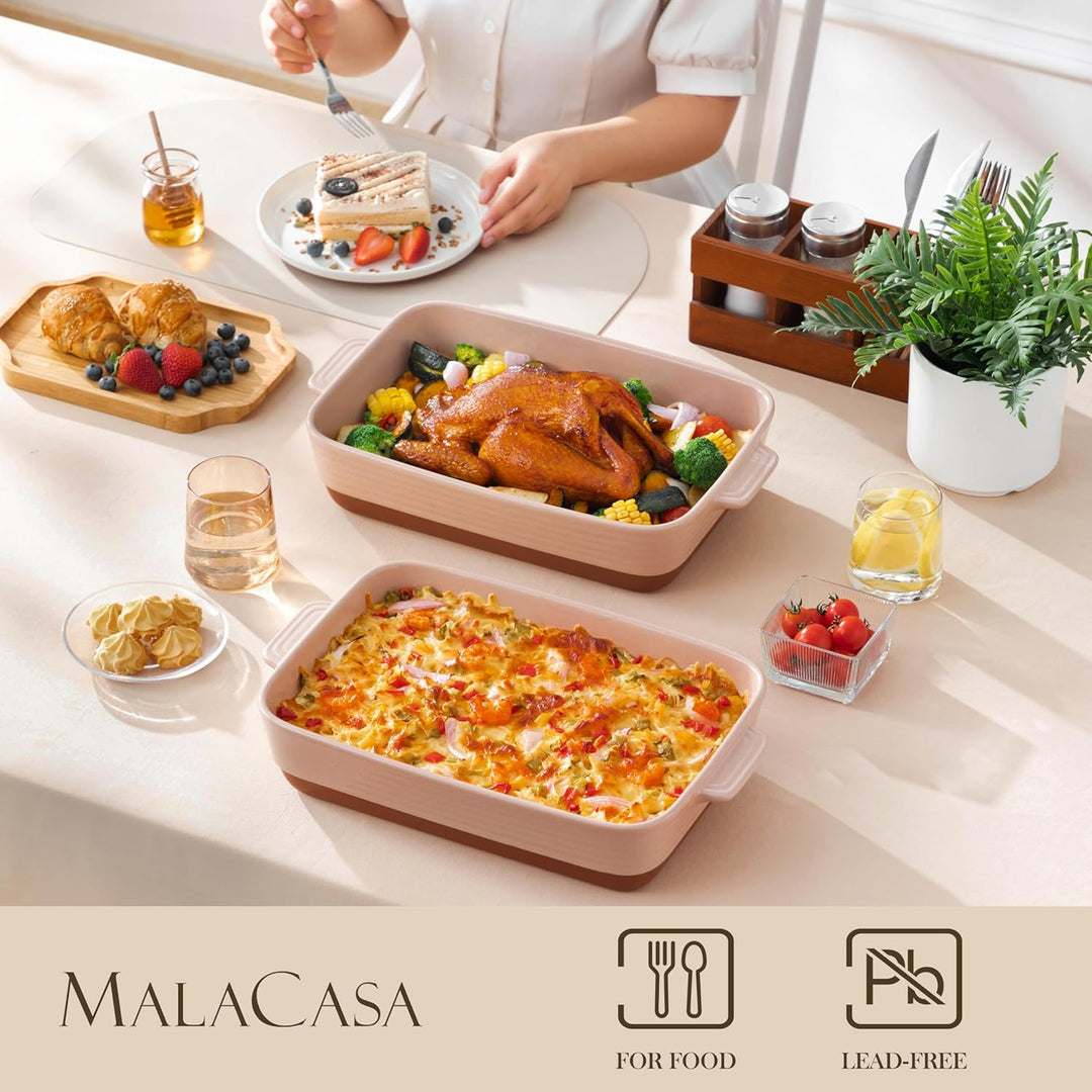 MALACASA, Serie TARA, Rosa Auflaufform Gross, 4.5L Backformen, Auflaufformen rechteckig aus Steingut