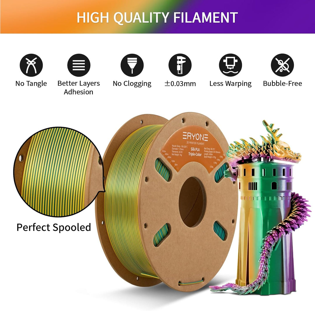 ERYONE Dreifarbiges Seiden PLA Filament 1.75mm,Seidiges Mehrfarbiges PLA-Filament für 3D-Drucker +/-