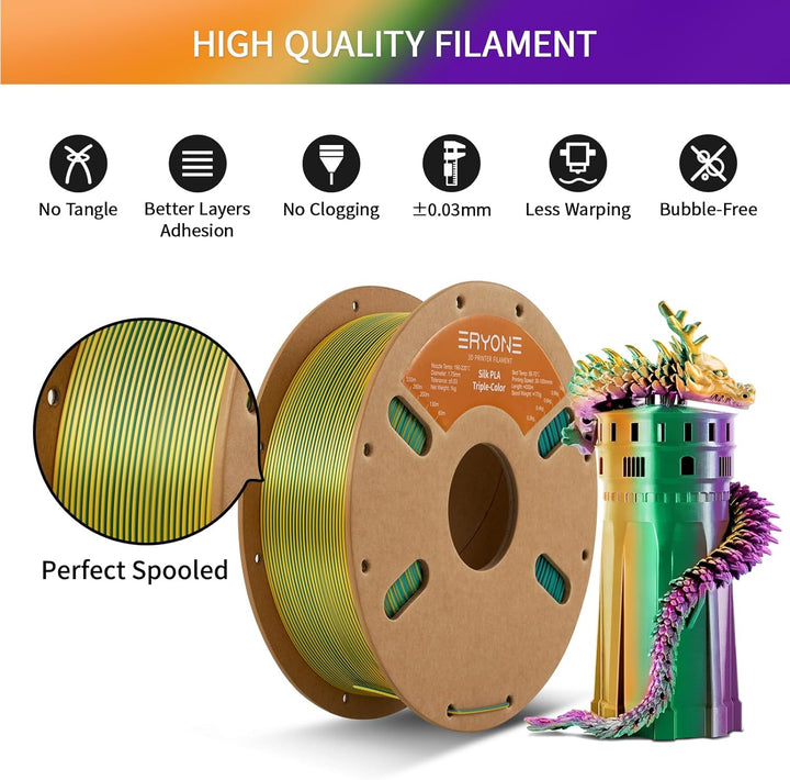 ERYONE Dreifarbiges Seiden PLA Filament 1.75mm,Seidiges Mehrfarbiges PLA-Filament für 3D-Drucker +/-