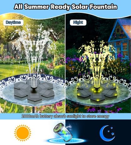 SZMP Solar Springbrunnen mit 12 Bunte Lichter, 3.5W Solar Teichpumpe, 2000mAh Akku, Solarpumpe für B