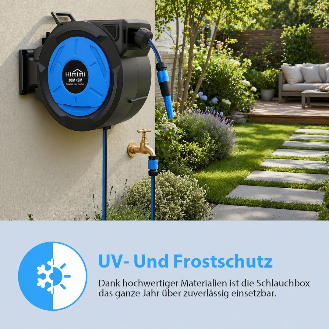Himimi Ausziehbare Wand-Schlauchtrommel 30 m + 2 m 1/2 Zoll, automatischer Gartenschlauch mit langsa